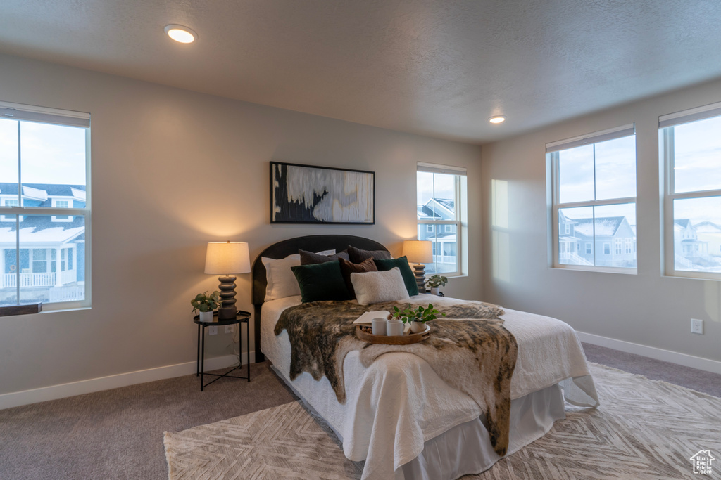 Bedroom featuring light carpet, multiple windows, baseboards, and recessed lighting