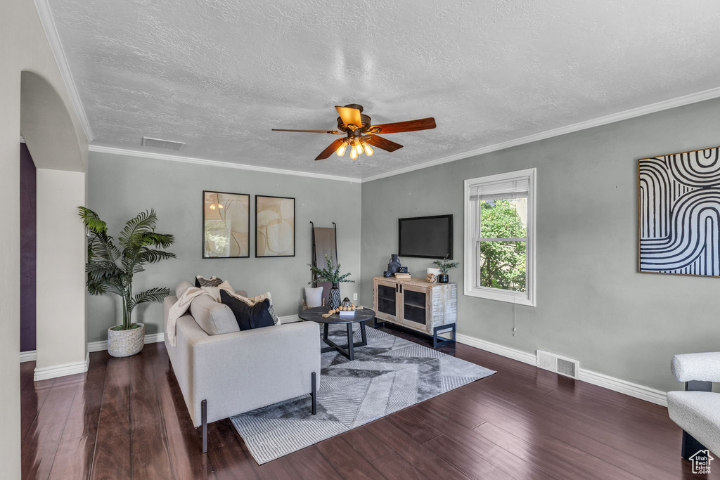 Living room featuring a textured ceiling, wood finished floors, baseboards, ceiling fan, and ornamental molding