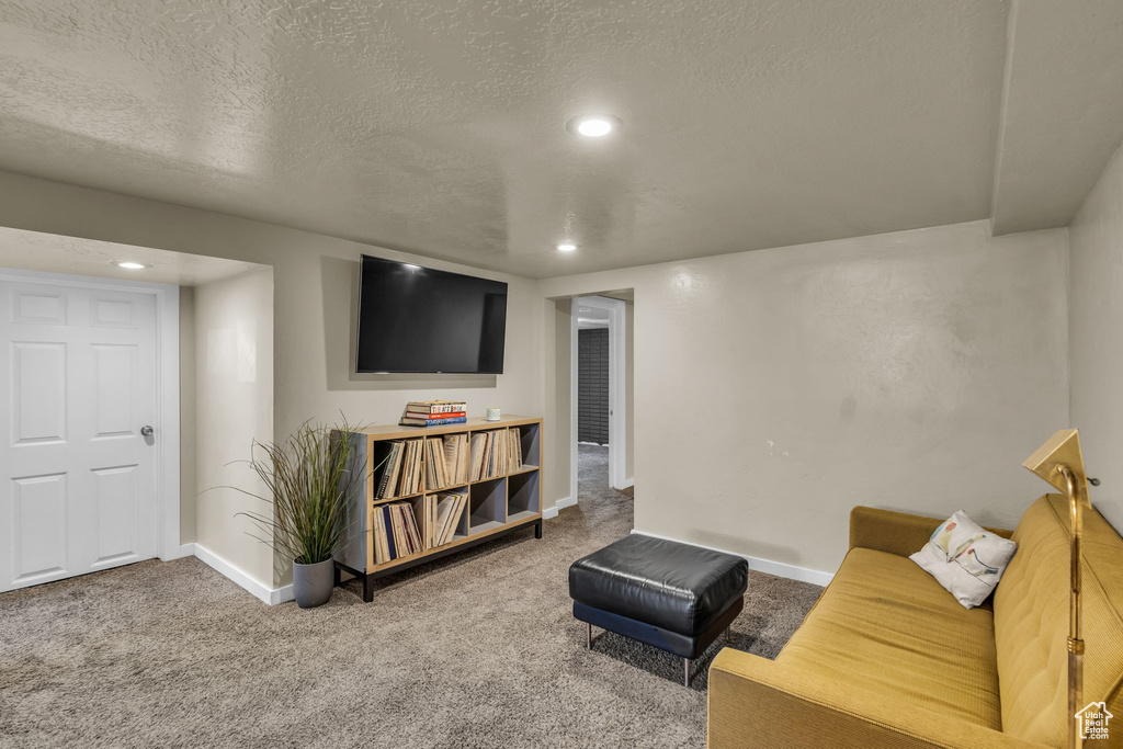 Carpeted living room with baseboards, a textured ceiling, and recessed lighting