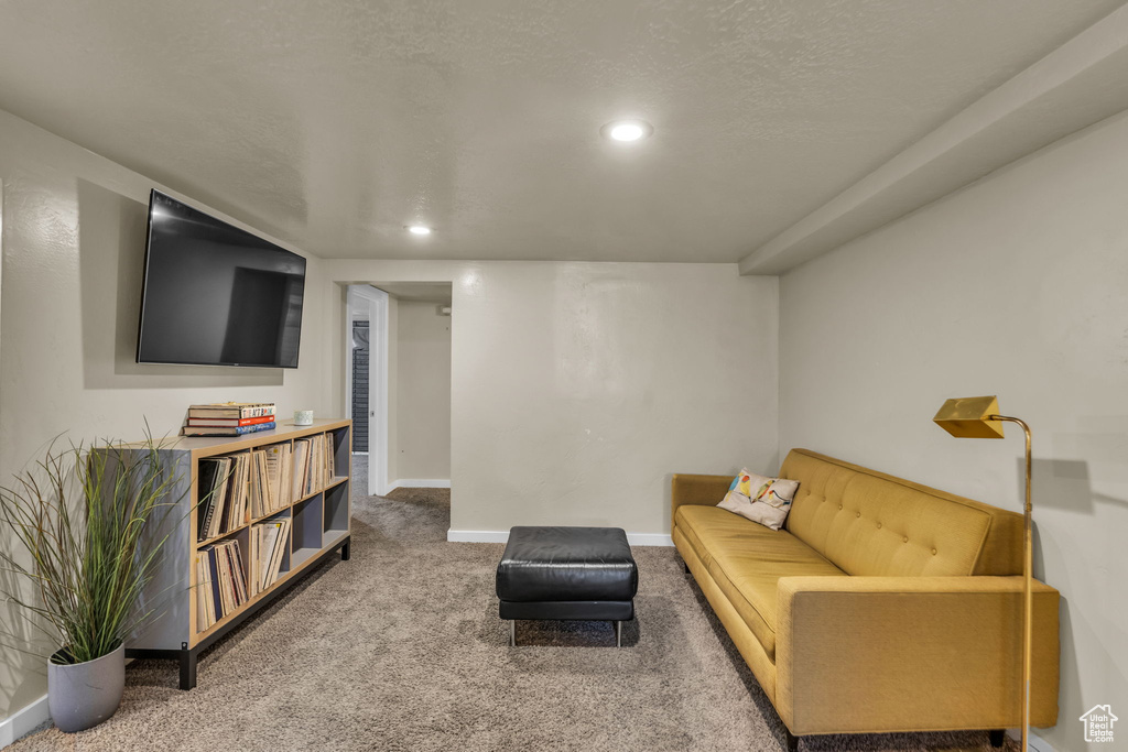 Living area featuring carpet floors, baseboards, and recessed lighting