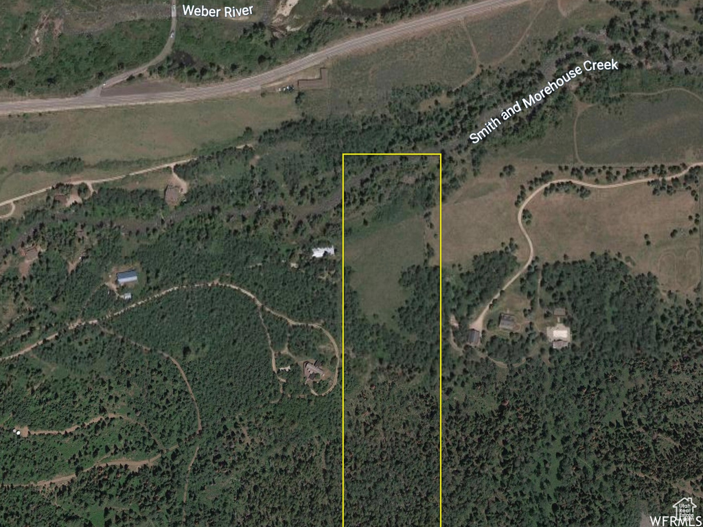 Aerial view of property's location with property parcel outlined