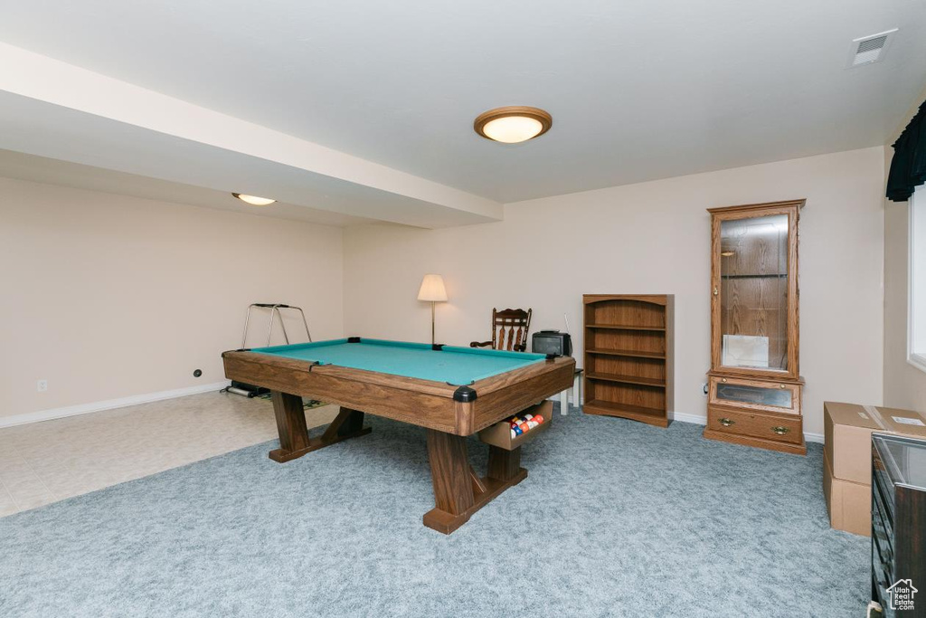 Game room with billiards, light colored carpet, and baseboards
