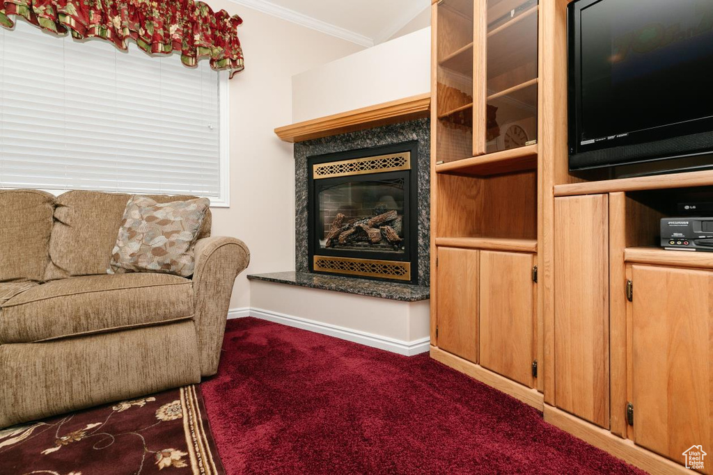 Living room featuring dark carpet, crown molding, baseboards, and a tile fireplace