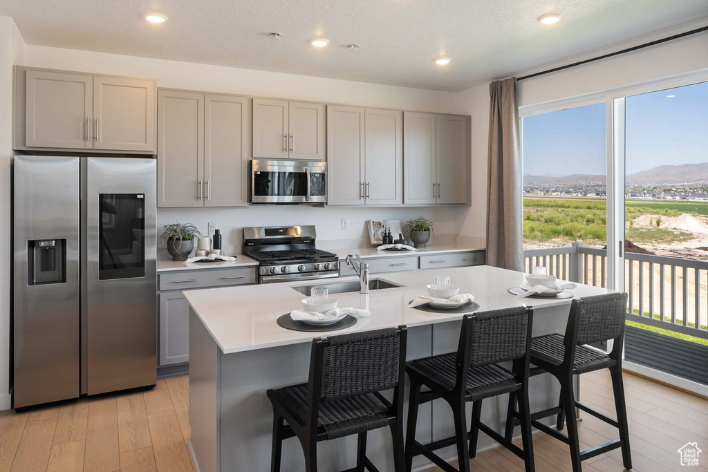 Kitchen with stainless steel appliances, gray cabinets, a sink, light countertops, and recessed lighting