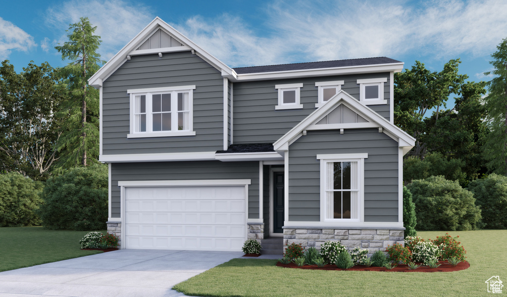 Craftsman-style house with an attached garage, stone siding, a front lawn, and driveway
