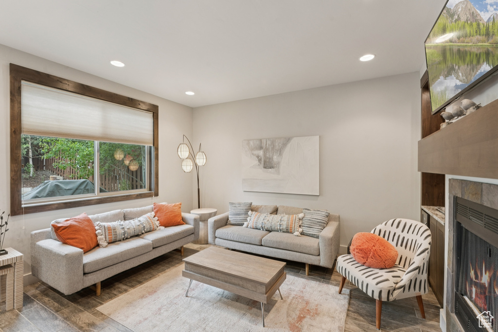 Living area featuring a fireplace, wood finished floors, and recessed lighting