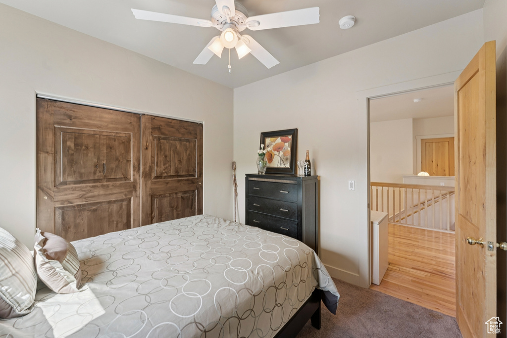 Carpeted bedroom featuring a ceiling fan