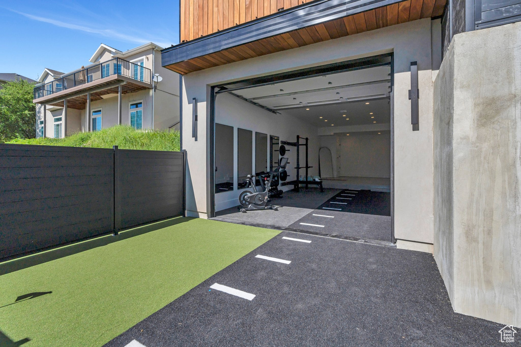 Exterior space with a garage