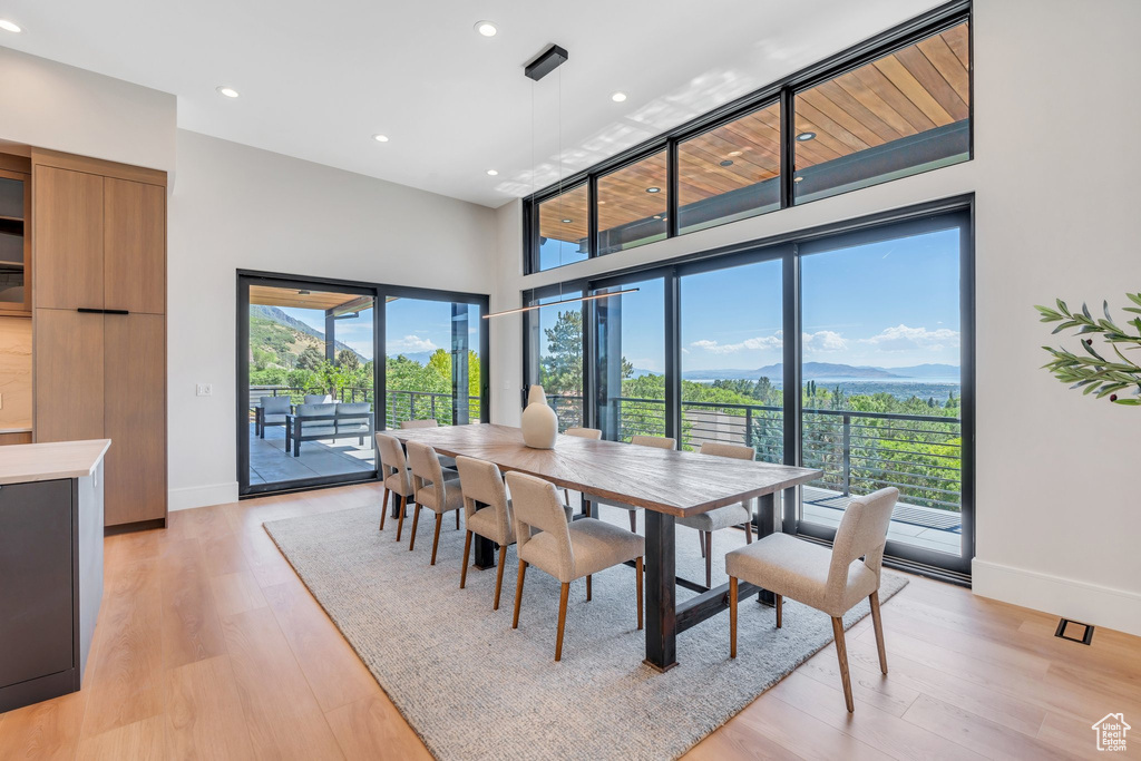 Dining space with baseboards, a mountain view, light wood-style flooring, and recessed lighting
