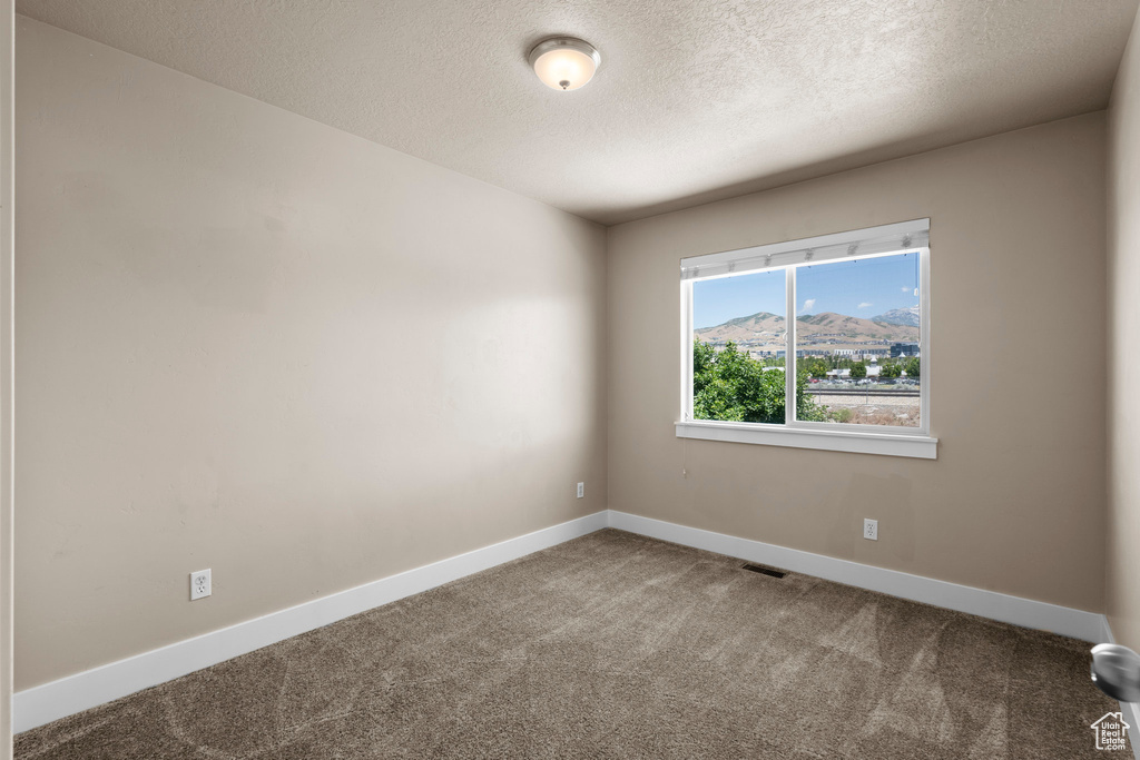 Carpeted empty room with baseboards and a textured ceiling
