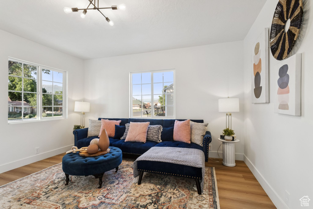 Living room featuring a chandelier, wood finished floors, and baseboards