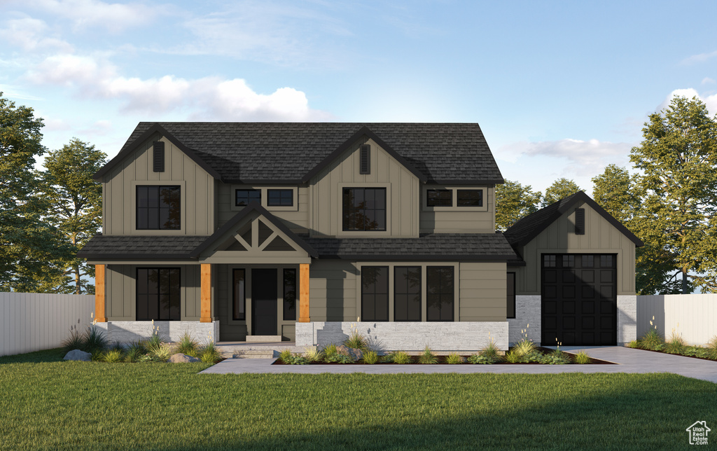 Modern farmhouse style home featuring driveway, stone siding, and a shingled roof