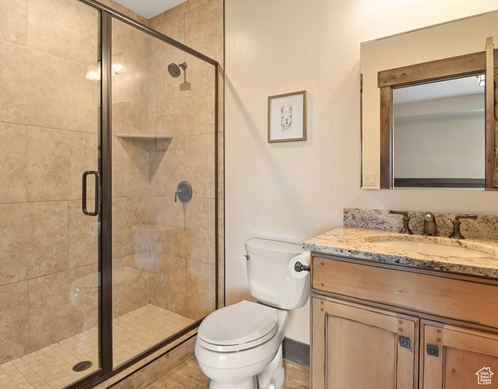 Bathroom featuring toilet, vanity, and a stall shower