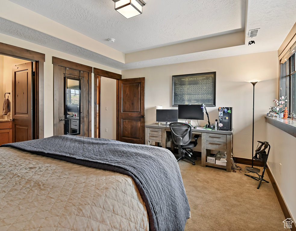 Bedroom with a textured ceiling, an office area, baseboards, carpet floors, and a raised ceiling