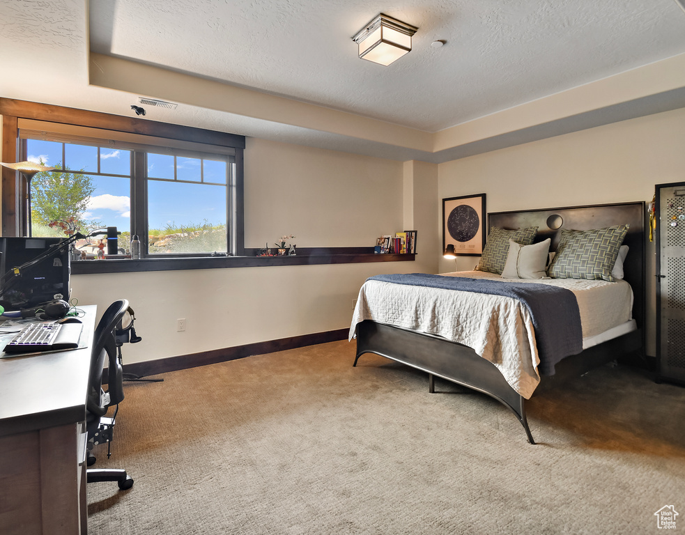 Carpeted bedroom featuring an office area, baseboards, a raised ceiling, and a textured ceiling