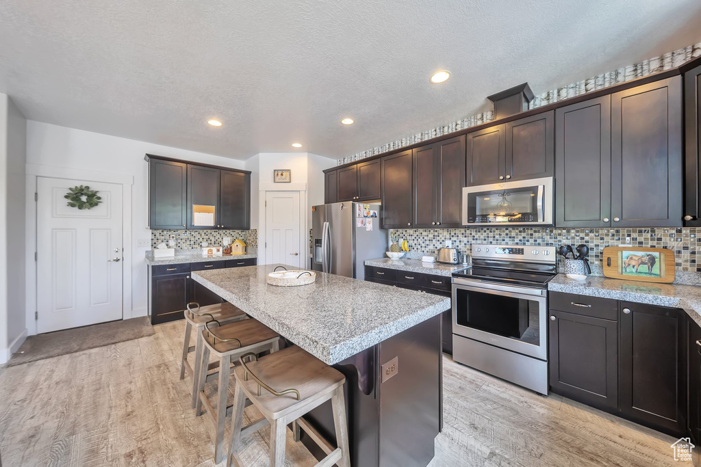 Kitchen with stainless steel appliances, light wood finished floors, a breakfast bar area, a center island, and backsplash