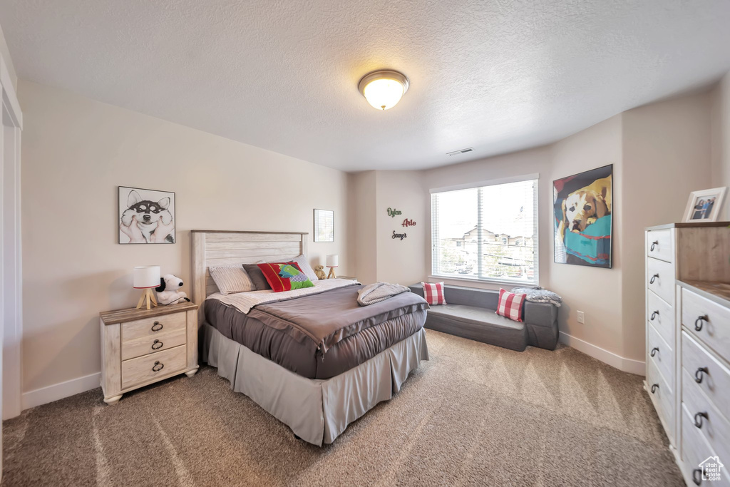 Bedroom featuring carpet flooring and a textured ceiling