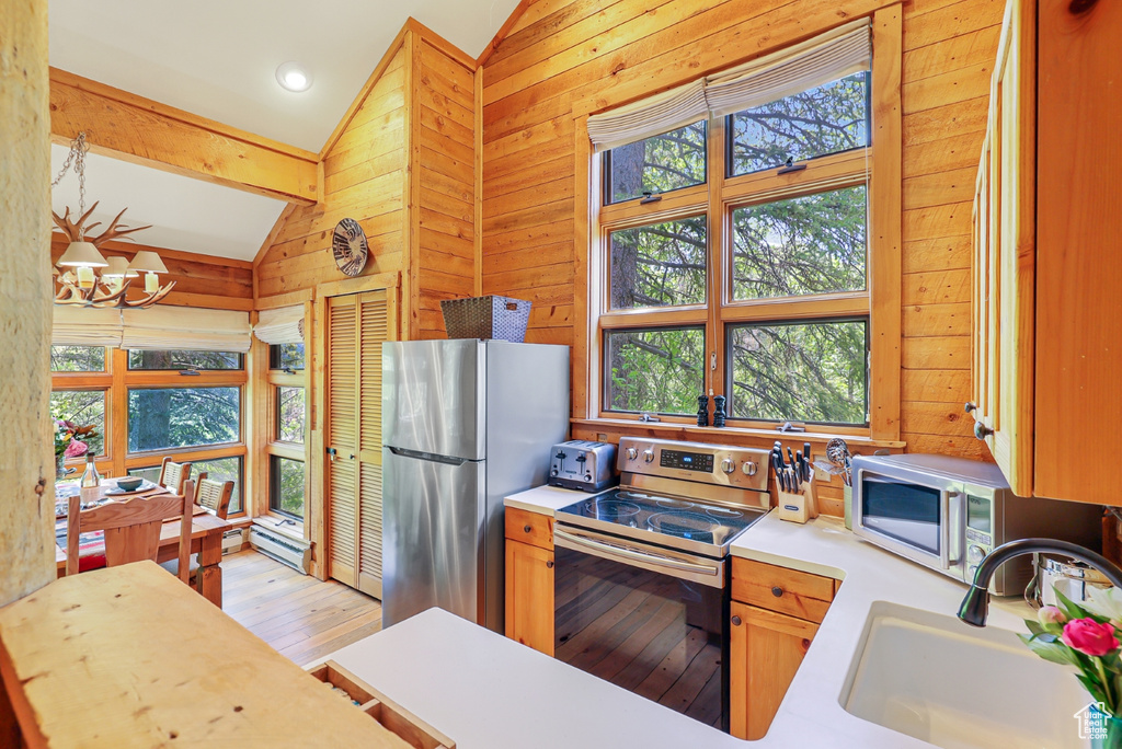 Kitchen with lofted ceiling, stainless steel appliances, a sink, plenty of natural light, and wood walls