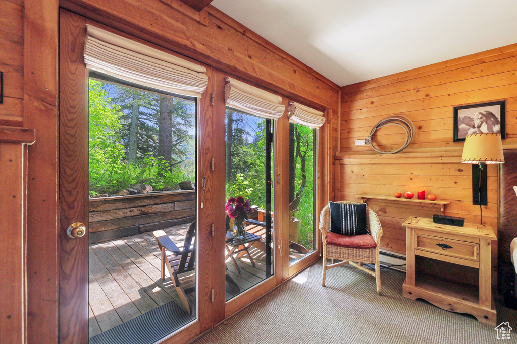 Doorway to outside with a baseboard heating unit, wood walls, and carpet