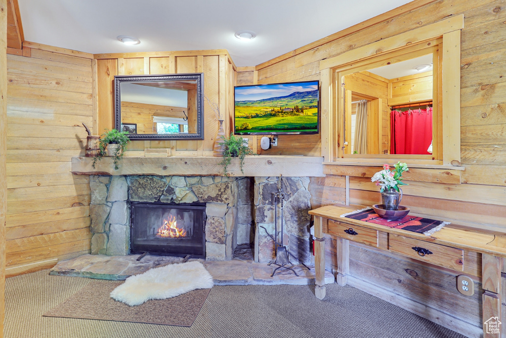 Living room with wood walls, carpet flooring, and a fireplace