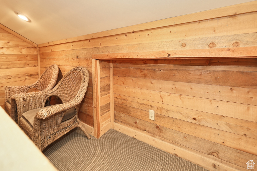 Unfurnished room with wood walls and lofted ceiling