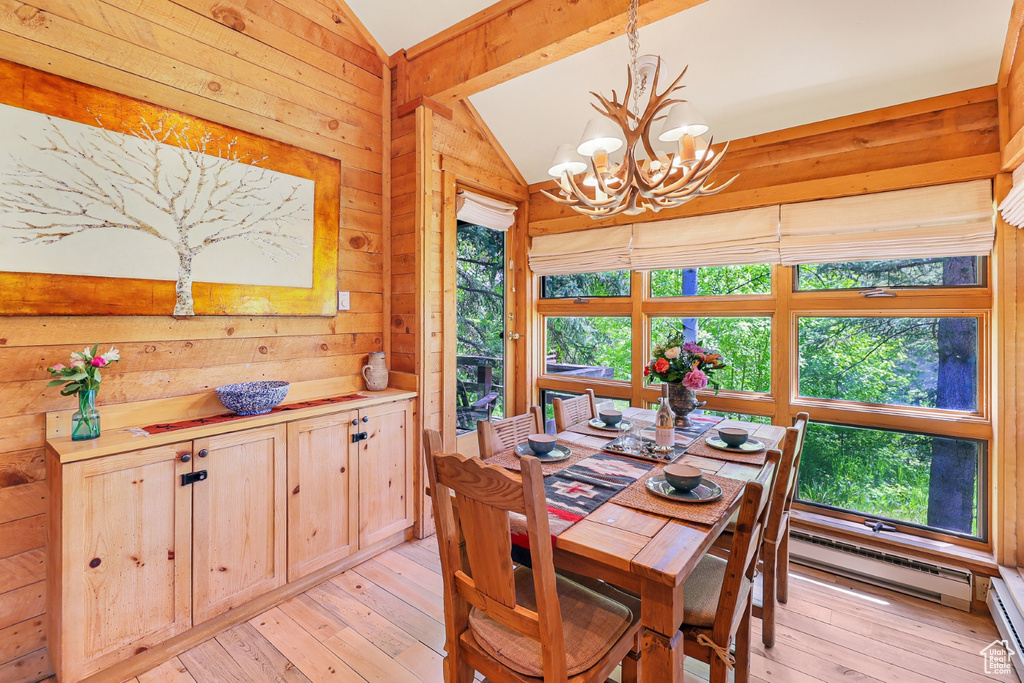 Dining room with lofted ceiling, a chandelier, a baseboard radiator, wood walls, and light wood-style flooring