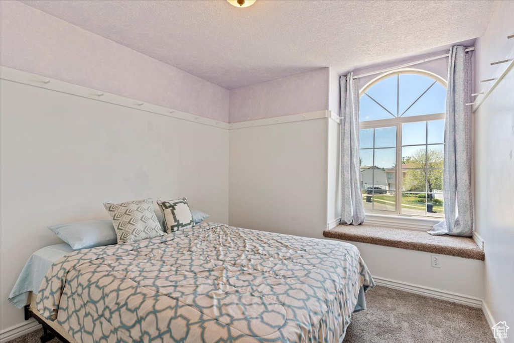 Bedroom with multiple windows, baseboards, a textured ceiling, and carpet flooring