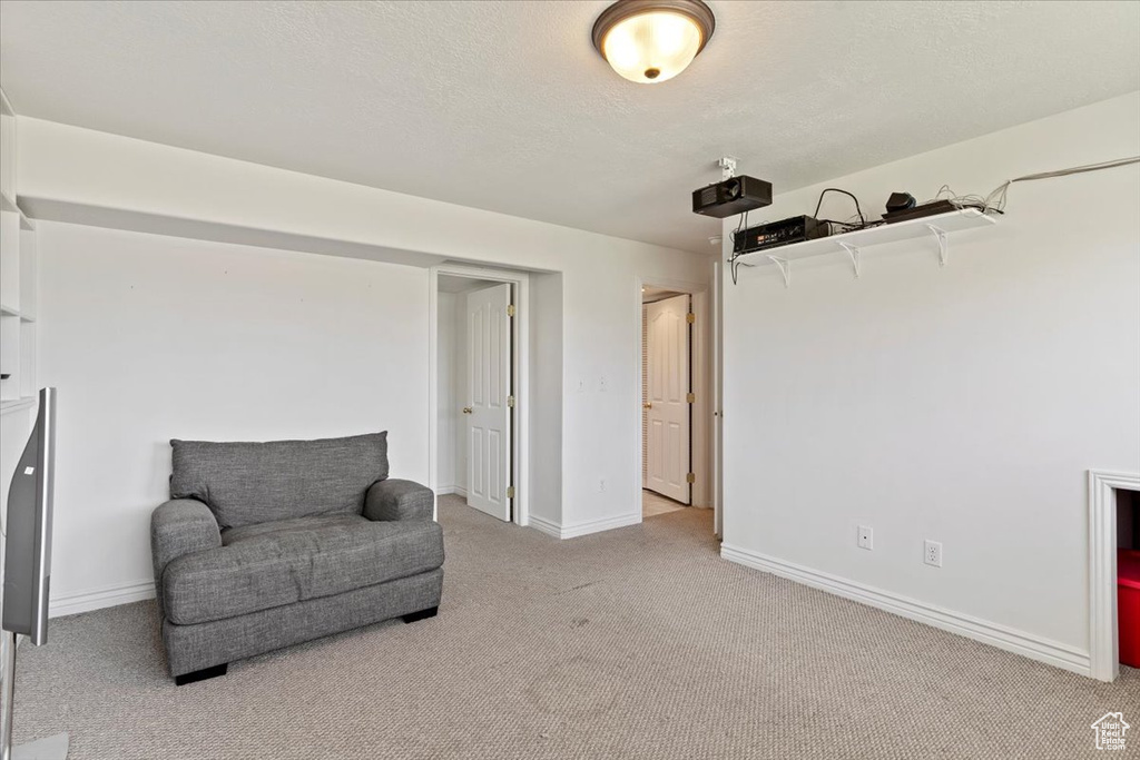 Sitting room featuring carpet floors and baseboards