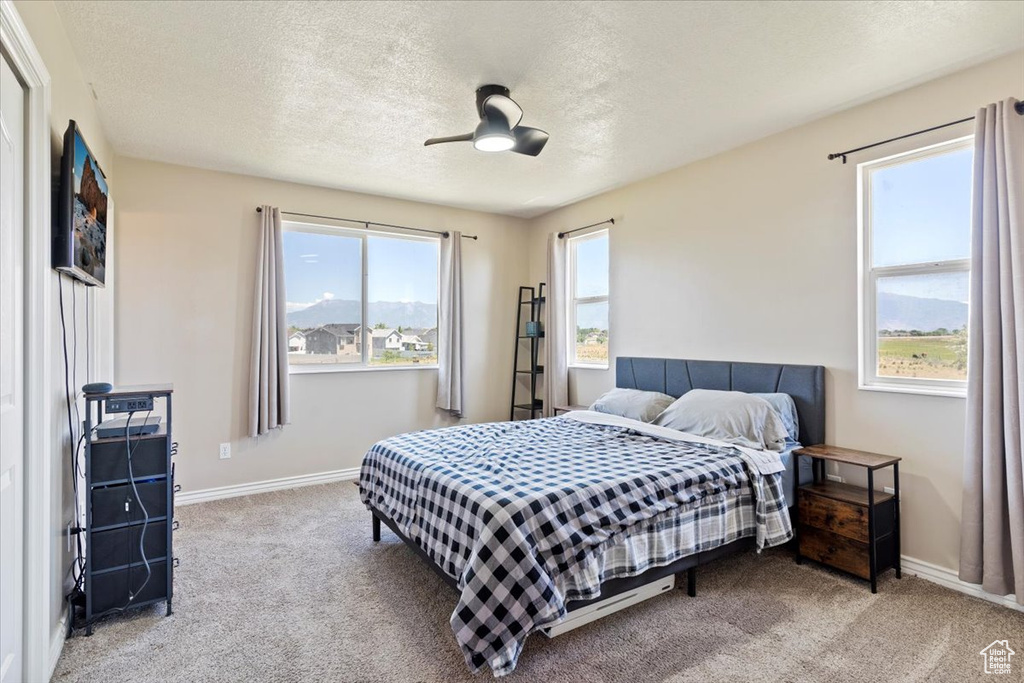 Bedroom featuring carpet floors, baseboards, a textured ceiling, and a ceiling fan