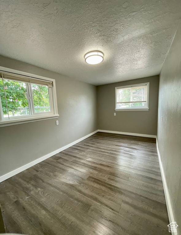 Empty room featuring plenty of natural light, wood finished floors, a textured ceiling, and baseboards