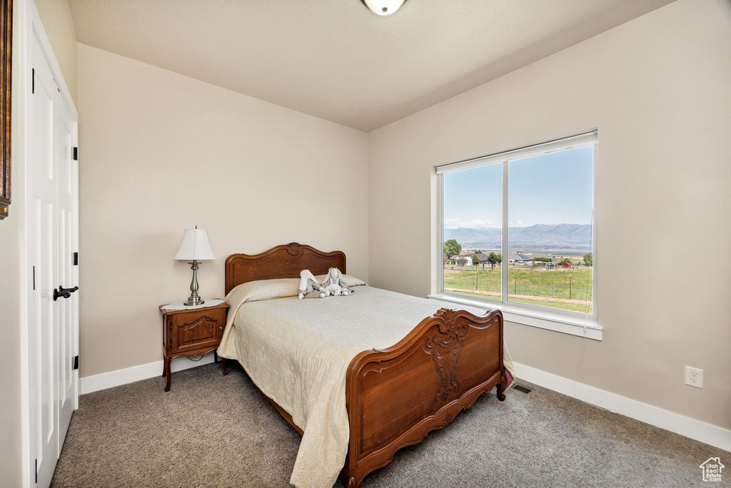 Carpeted bedroom with baseboards and a mountain view