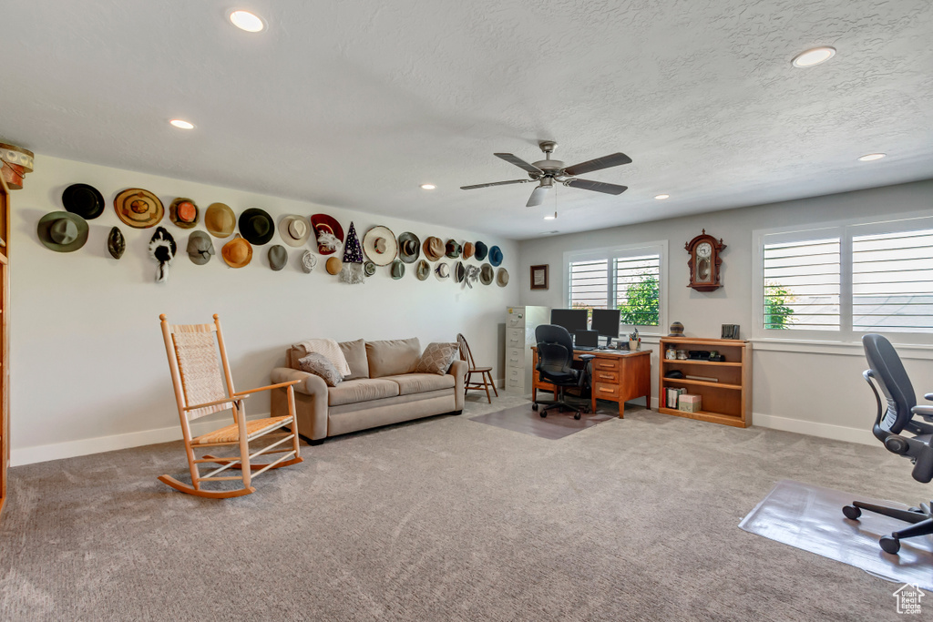 Office with light carpet, recessed lighting, a ceiling fan, and baseboards