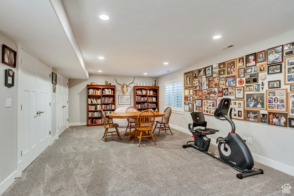 Office space featuring carpet flooring, recessed lighting, and baseboards