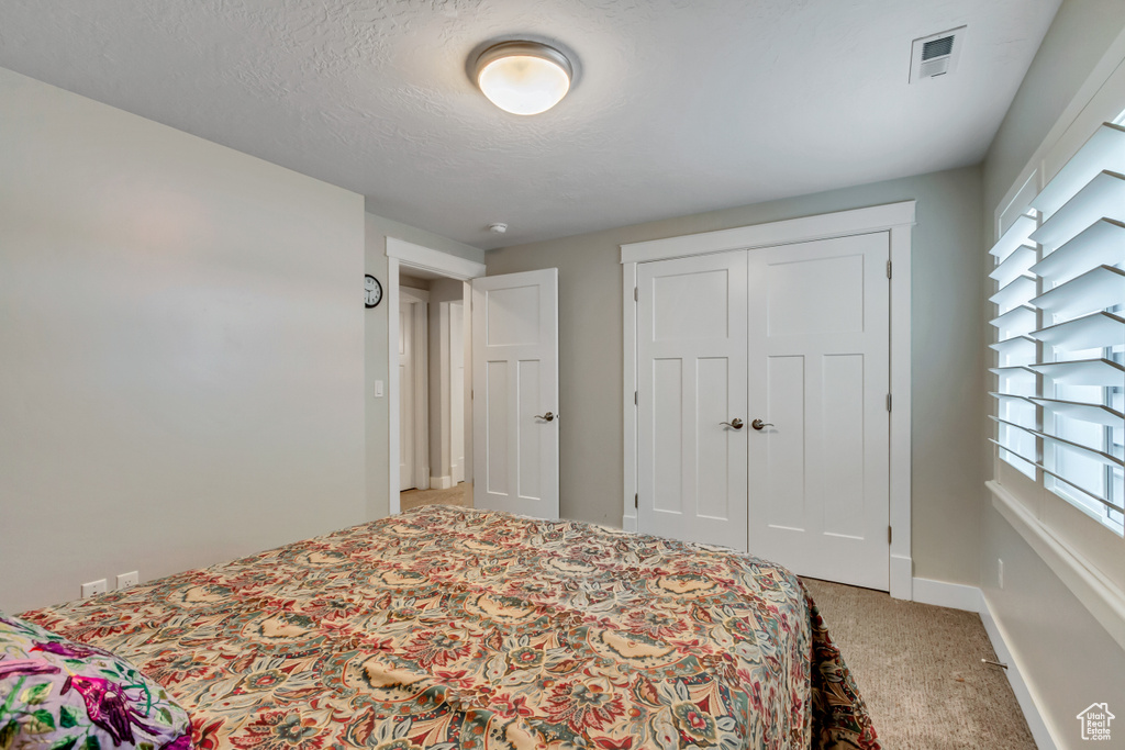 Bedroom with light carpet, baseboards, and a closet
