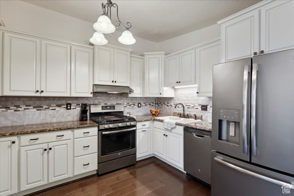 Kitchen featuring appliances with stainless steel finishes, under cabinet range hood, dark wood-type flooring, white cabinetry, and dark stone countertops