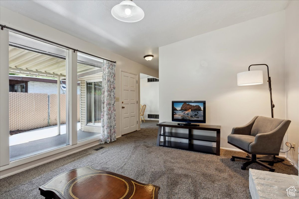 Living area featuring carpet floors and baseboards