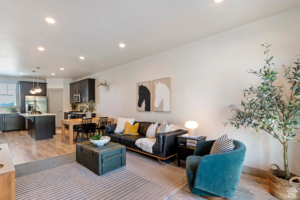 Living room featuring light wood finished floors and recessed lighting