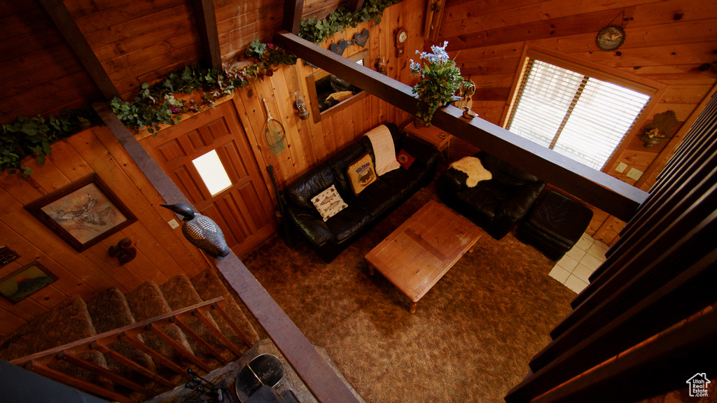 Living area with wooden walls