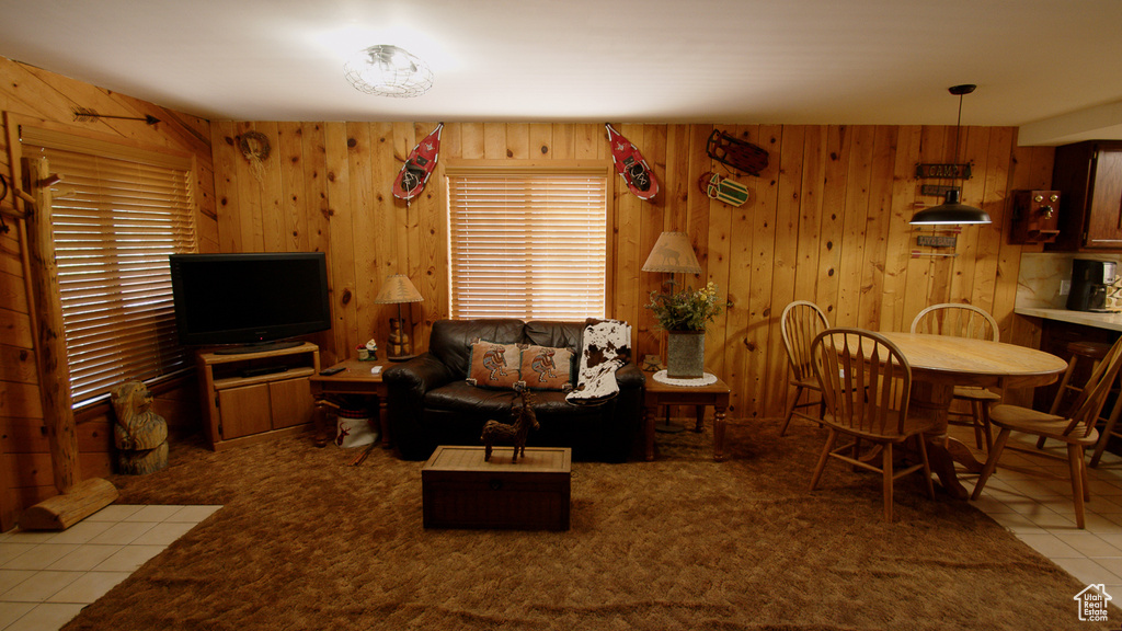 Tiled living area with wooden walls and healthy amount of natural light