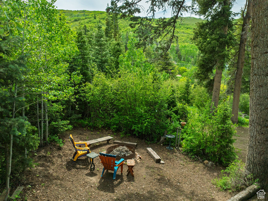View of yard featuring a fire pit and a forest view