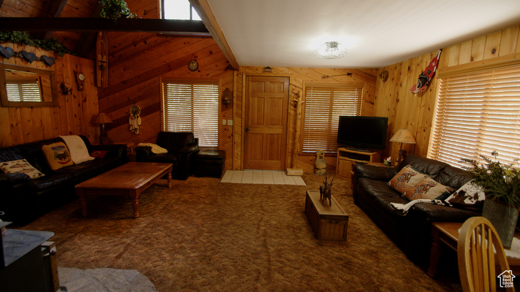 Carpeted living room with wood walls and lofted ceiling