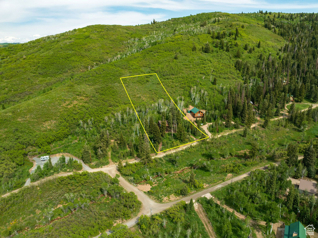 Aerial overview of property's location featuring property parcel outlined and a heavily wooded area
