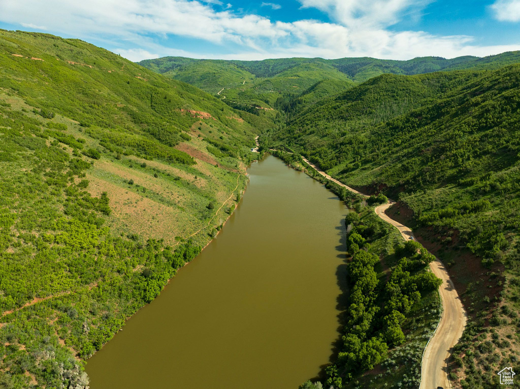 Aerial view of a water and mountain view