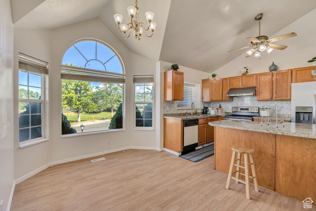 Kitchen with stainless steel appliances, under cabinet range hood, a sink, healthy amount of natural light, and high vaulted ceiling