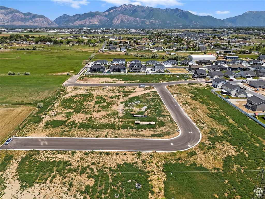 Aerial view of residential area with mountains