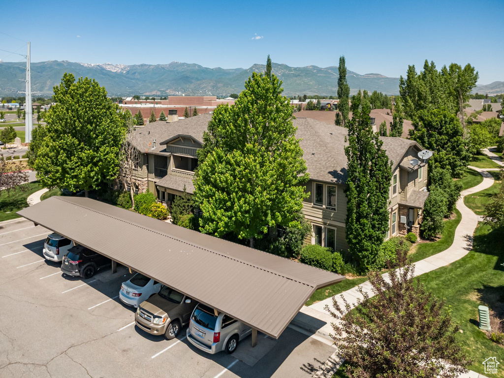 Aerial view of residential area with mountains