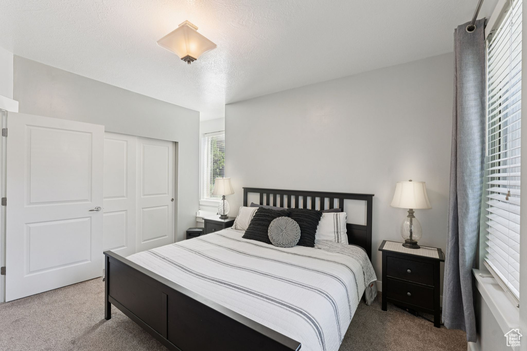 Carpeted bedroom featuring a closet