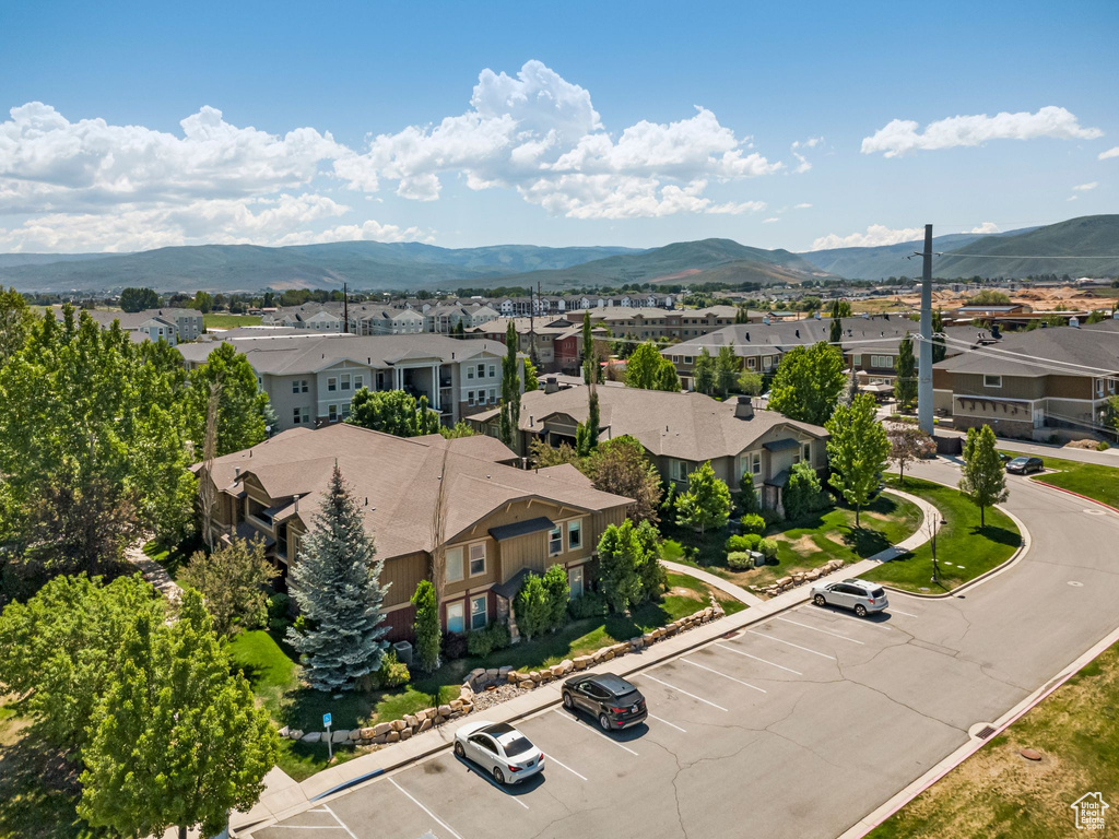 Aerial view of residential area with a mountain backdrop