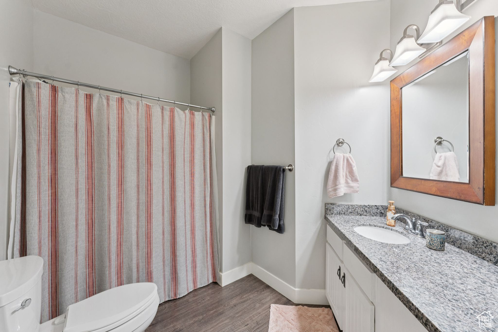 Bathroom with toilet, wood finished floors, vanity, baseboards, and a shower with shower curtain