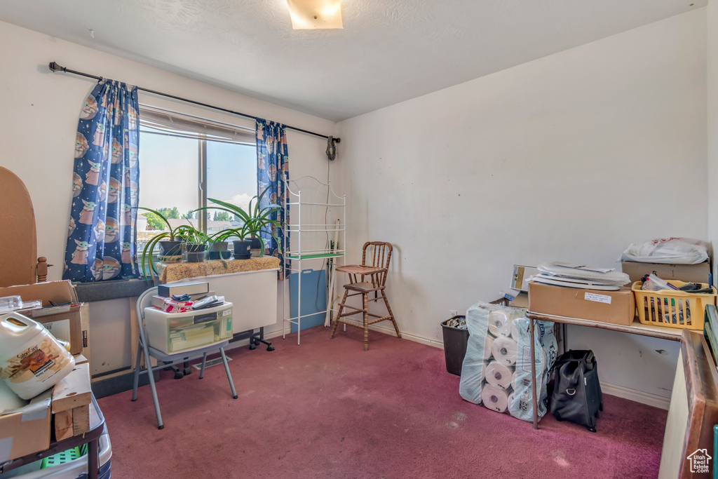 Carpeted office space with baseboards